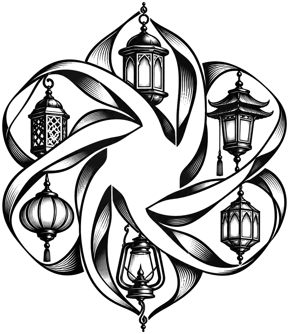 Fanous Studios emblem of interwoven ribbons holding lanterns and lamps